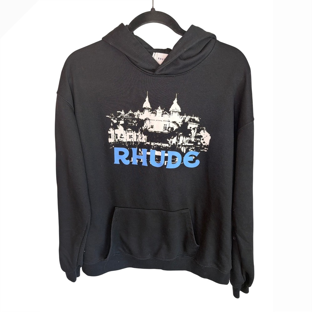 Rhude Mens Graphic Hoodie Black Castle Logo Sleeve Print Cotton Sweatshirt